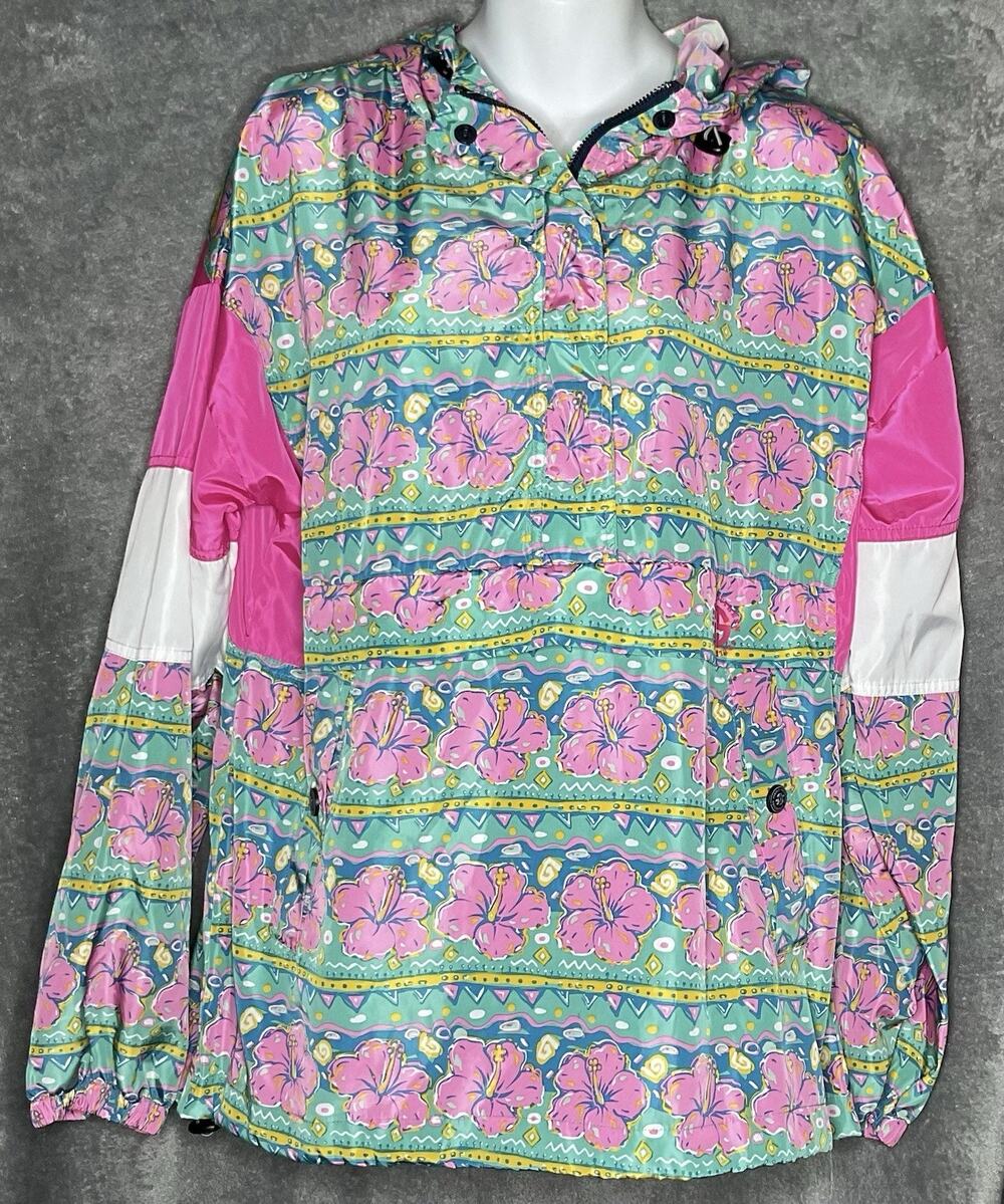 Simply Southern Hibiscus Windbreaker Jacket Womens Large Hooded Pink Floral